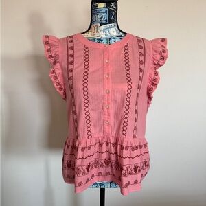 LOFT Pink Embroidered Ruffle Blouse